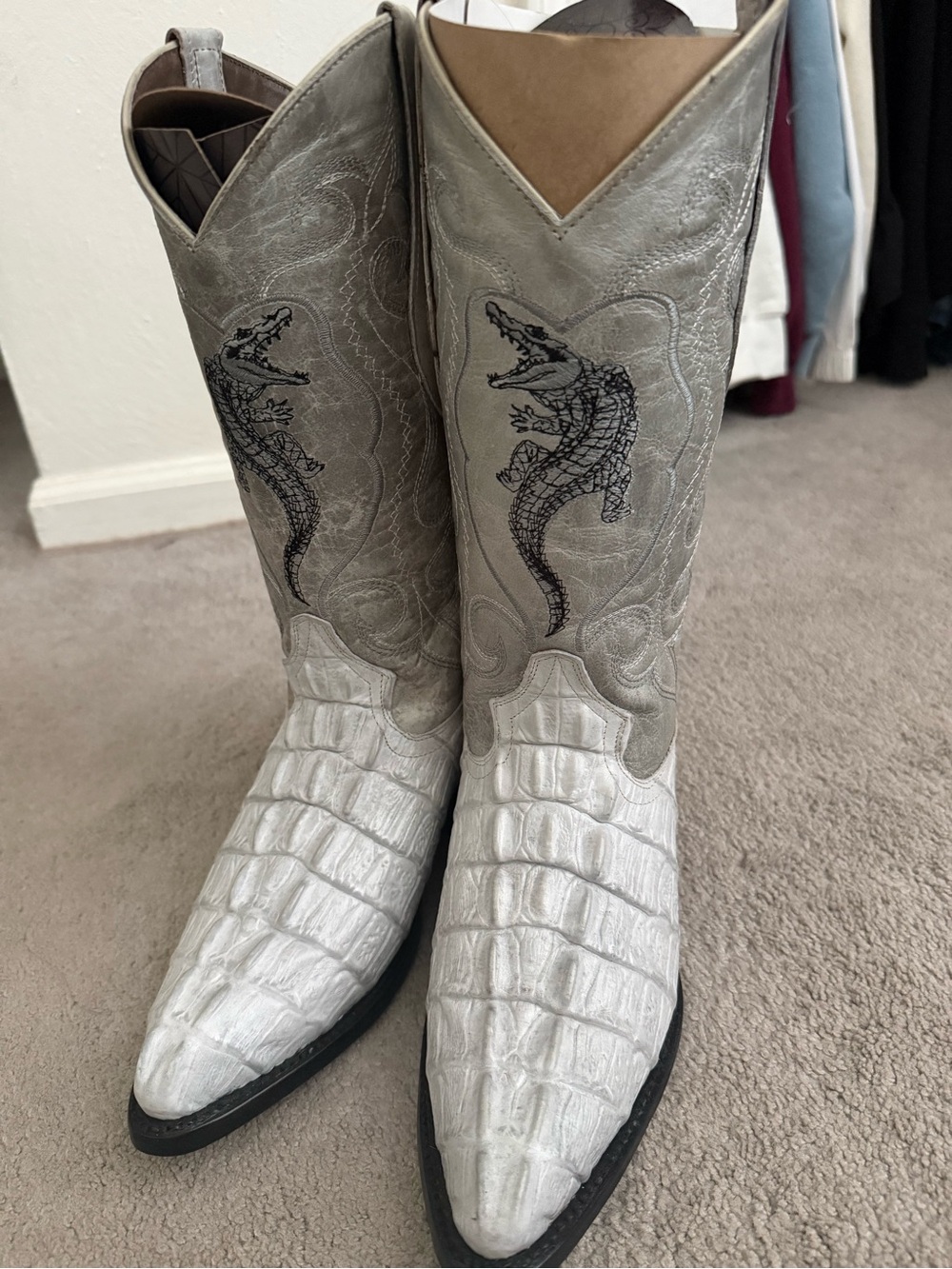 Women’s Croc-Embossed Pointed-Toe Heeled Boots in Light Green/Grey
